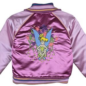 Disney Tinkerbell Pink Satin Bomber Jacket Sz M Zip Embroidered Fairy